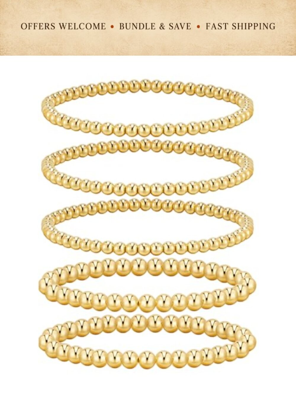 Gold Plated Beaded Bracelets Set Stackable Stretch Adjustable Elastic Strand